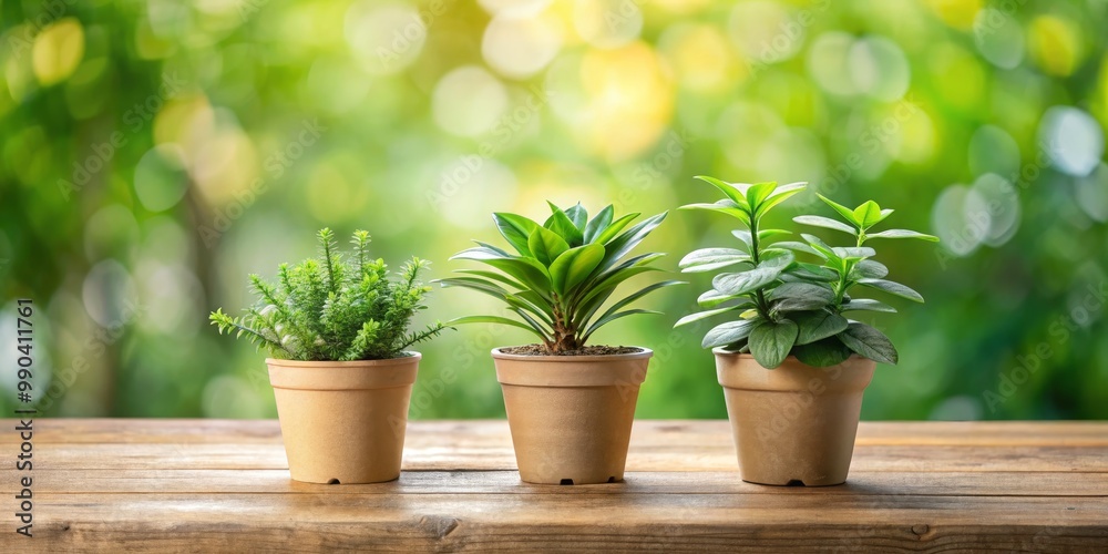 Three Green Potted Plants on Wooden Table with Blurred Green Background, Houseplants, Indoor Plants, Greenery Three Green Potted Plants on Wooden Table with Blurred Green Background, Houseplants, Indoor Plants, Greenery