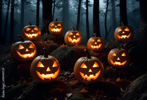 Carved jack-o'-lanterns with glowing faces on a dark background, creating a spooky Halloween atmosphere