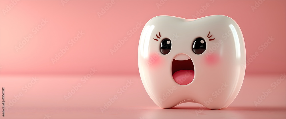 Fototapeta premium Surprised tooth character with rosy cheeks on pink background for dental care and oral hygiene concept in children's dentistry. Banner with copy space