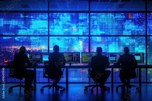 Professionals, multiple computer screens, monitoring complex data, neon blue interface, modern office, cyber security, teamwork concept