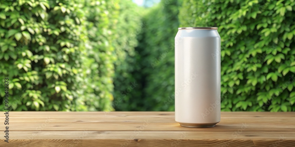 White Aluminum Can on Wooden Table with Green Foliage Background, mockup, product design, branding, can, aluminum, mockup White Aluminum Can on Wooden Table with Green Foliage Background, mockup, product design, branding, can, aluminum, mockup
