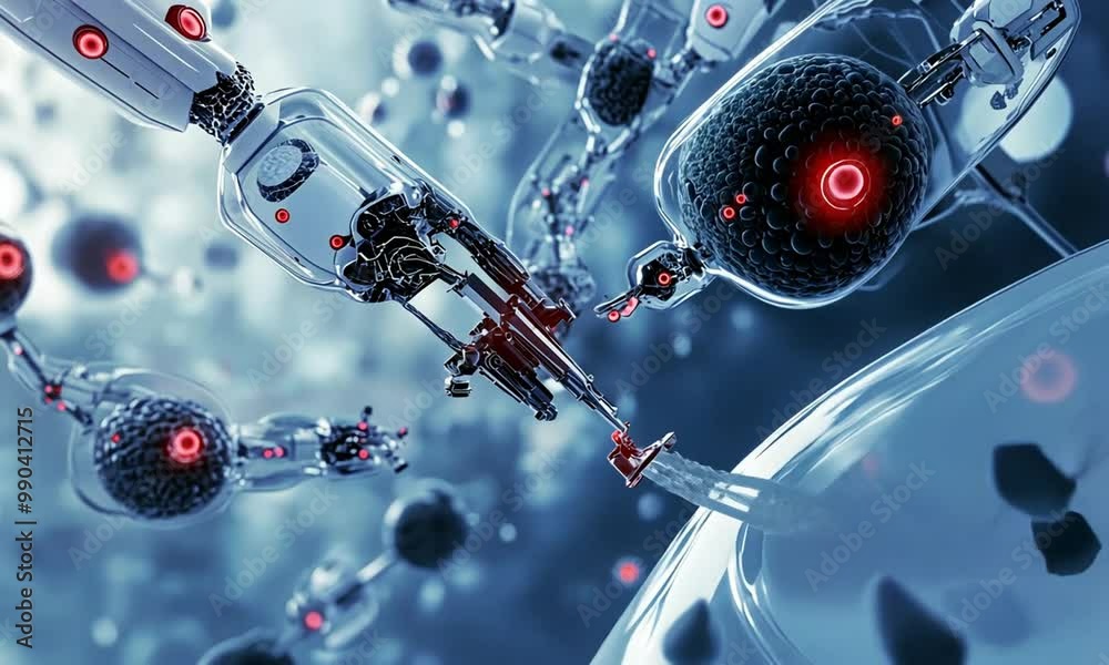 A futuristic depiction of robotic entities interacting with cellular structures.