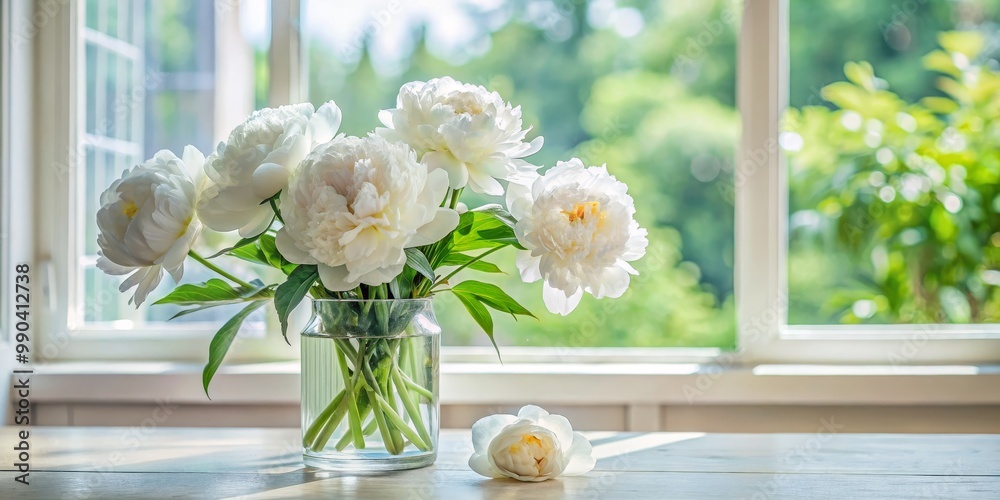 White Peonies in Glass Vase by Window, Flower Bouquet, Floral Still Life, Sunlight ,peonies, vase, window White Peonies in Glass Vase by Window, Flower Bouquet, Floral Still Life, Sunlight ,peonies, vase, window