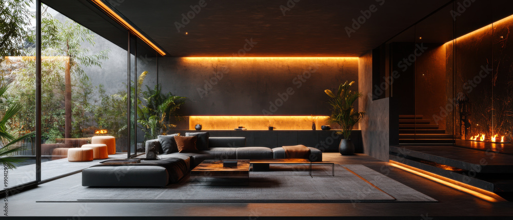 Modern living room with sleek furniture and warm lighting, featuring indoor plants and a view of a lush garden during the evening Modern living room with sleek furniture and warm lighting, featuring indoor plants and a view of a lush garden during the evening