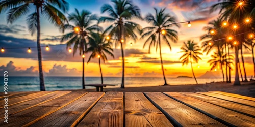 Wooden Table with Palm Trees and Sunset, Beach, Tropical, Summer