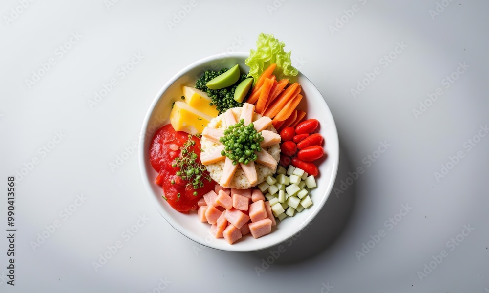 Poke bowl preparations top view. The dish is filled with fresh and vibrant ingredients such as diced fish, seaweed and colorful vegetables. Poke bowl preparations top view. The dish is filled with fresh and vibrant ingredients such as diced fish, seaweed and colorful vegetables.