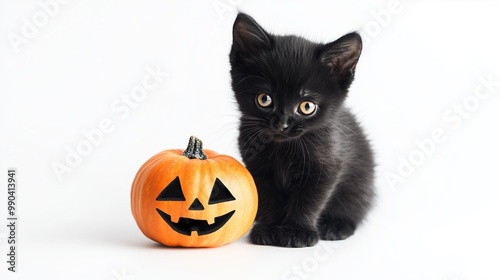 Black kitten with Halloween pumpkin on a white background