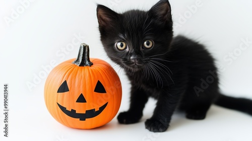 Black kitten with Halloween pumpkin on a white background