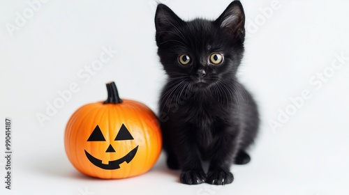 Black kitten with Halloween pumpkin on a white background