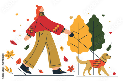 Girl walking with dog. Autumn mood, foliage. Flat cute cozy illustration