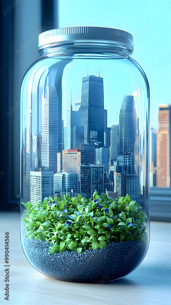 A miniature cityscape under glass featuring lush greenery, skyscrapers, and urban detail in a contemporary setting A miniature cityscape under glass featuring lush greenery, skyscrapers, and urban detail in a contemporary setting