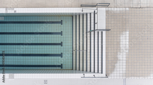 a close-up photo of an empty pool, a high-angle view from above, white tiles with blue and green patterns, gray tiled floor