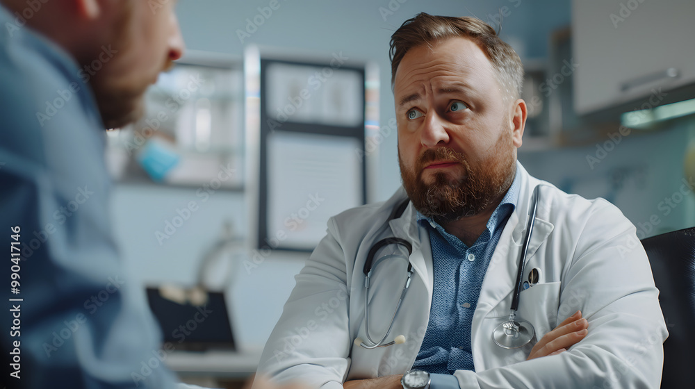 Supportive doctor soothing a worried patient, discussing test result in emergency room. Compassionate physician supporting stressed patient Supportive doctor soothing a worried patient, discussing test result in emergency room. Compassionate physician supporting stressed patient