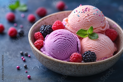 Delicious Ice Cream with Berries and Mint