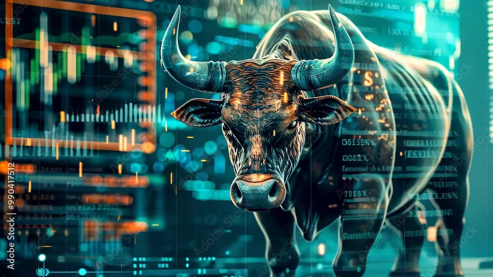 Bull standing with stock market data visualizations