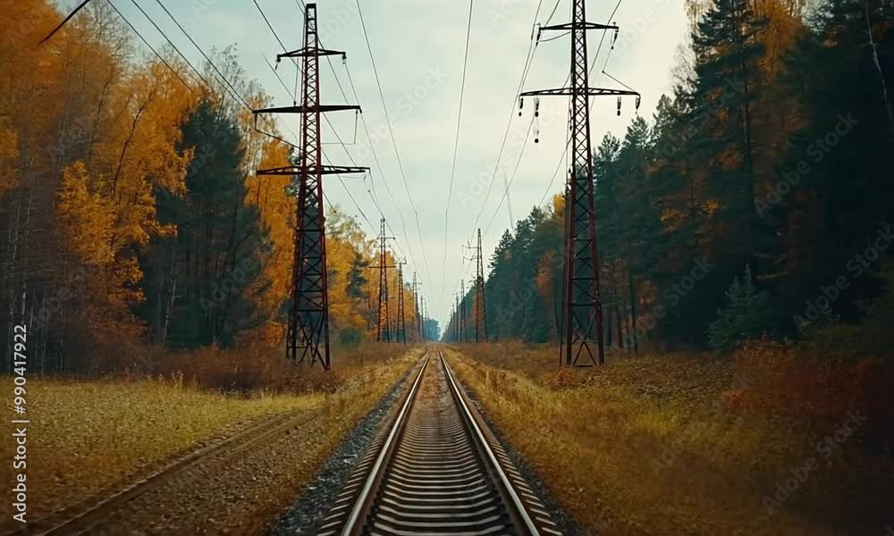 A tranquil railway track surrounded by autumn foliage and power lines in a serene landscape. A tranquil railway track surrounded by autumn foliage and power lines in a serene landscape.