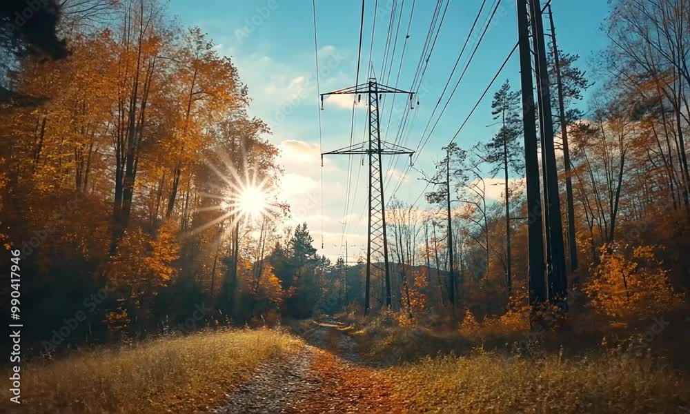 A serene forest path with autumn foliage and power lines under a bright sun.