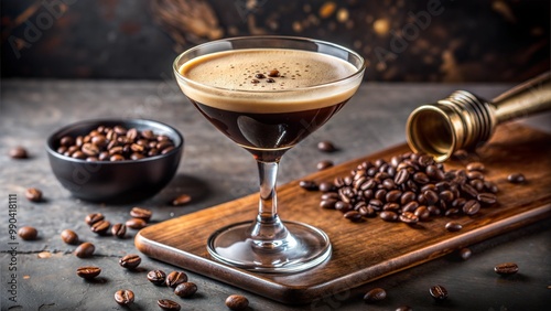 Elegant Espresso Martini Garnished with Coffee Beans and Decorated with Coffee Beans on Wooden Surface. espresso martini cocktail photo