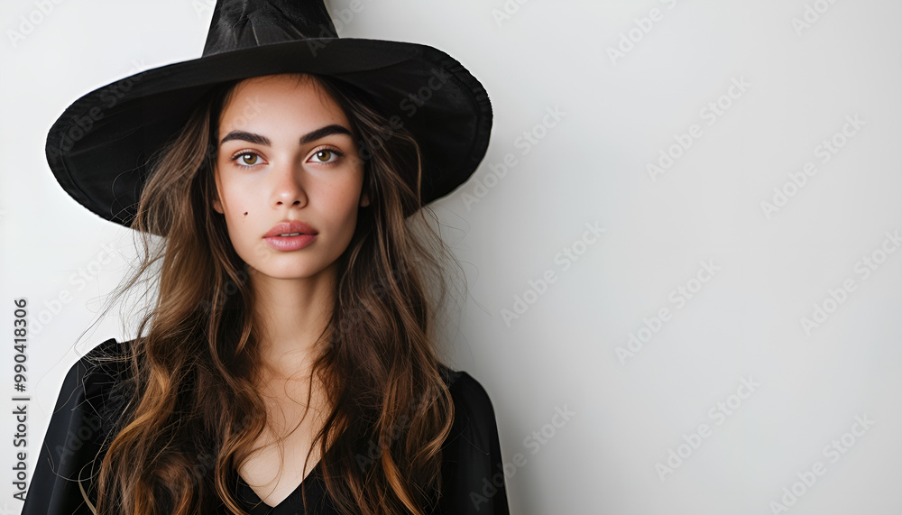 Beautiful woman in witch costume on white background. Halloween party Beautiful woman in witch costume on white background. Halloween party