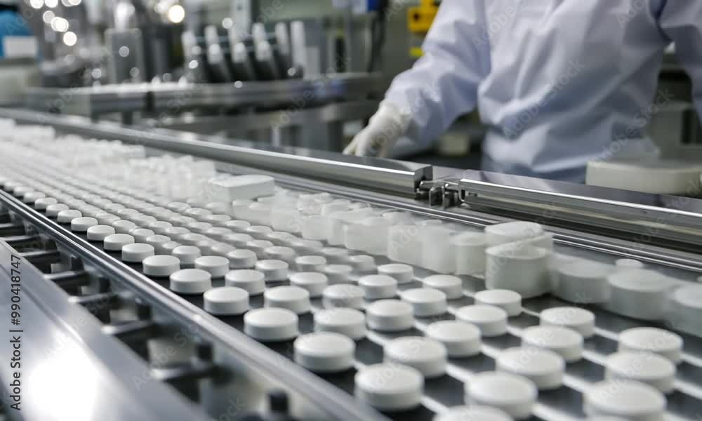 Production line with white tablets moving along a conveyor belt in a manufacturing facility. Production line with white tablets moving along a conveyor belt in a manufacturing facility.