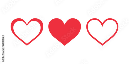 Set of different shaped red heart icons. Vector hearts outline. Red heart love symbols buttons isolated on white background