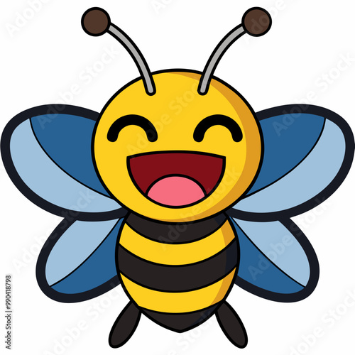A bee with a yellow face and a blue wings , Cute bee flying cartoon vector illustration , Sleeping Bee vector ,Cute friendly bee. Cartoon happy flying bee with big kind eyes 