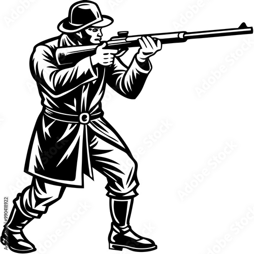 Hunter aiming a shotgun , Shooter Shooting from a gun on plates mark vector black color silhouette ,Hunting SVG,  