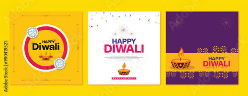 Happy Diwali three colour background design with flat oil lamp and light decoration wishing or greeting post or banner design vector file