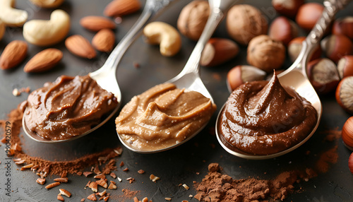 Tasty nut butters in spoons and raw nuts on brown table, closeup