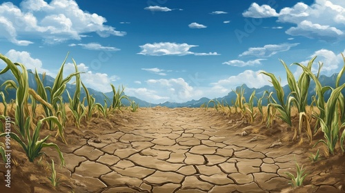 Barren land exhibits wilting crops and cracked soil due to severe drought linked to climate change
