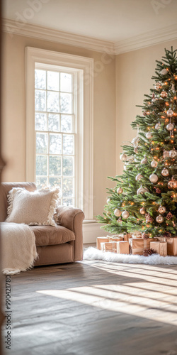 Cozy living room adorned with a beautifully decorated Christmas tree and warm sunlight streaming through the windows