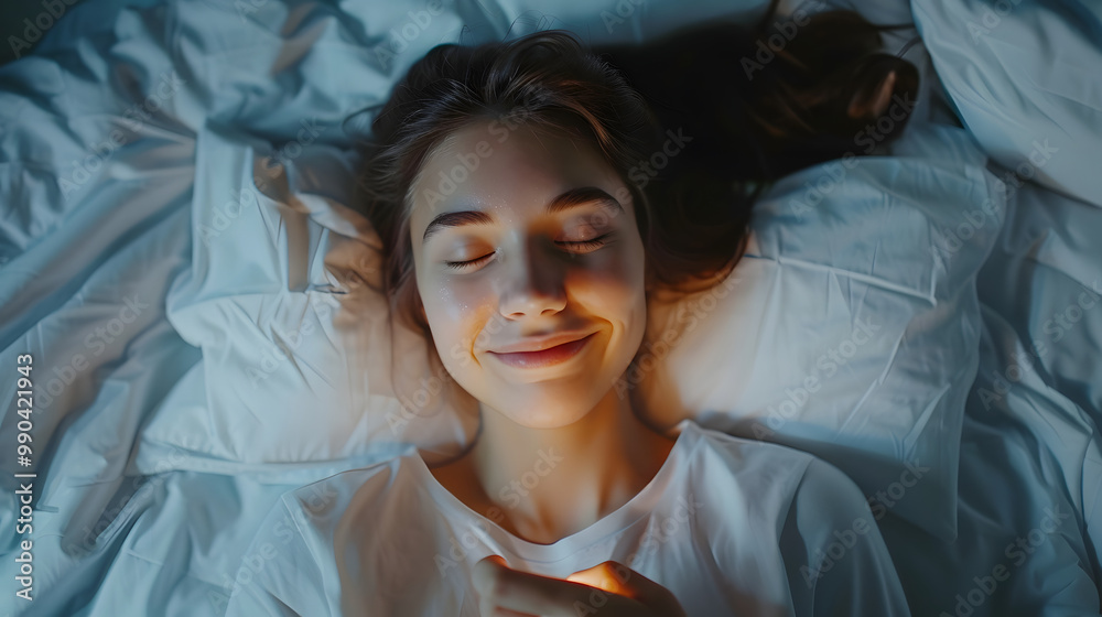 Top View Apartment Beautiful Young Woman Sleeps Charmingly in Her Bed, Turns off Smartphone Alarm Clock, Greets a New Day with Happiness and Smiles. Top Down Top View Apartment Beautiful Young Woman Sleeps Charmingly in Her Bed, Turns off Smartphone Alarm Clock, Greets a New Day with Happiness and Smiles. Top Down
