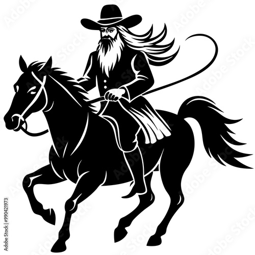 Rodeo cowboy riding a bucking bronco , Cowboy riding a horse logo black and white illustration AI generated Image , horse rider silhouette 