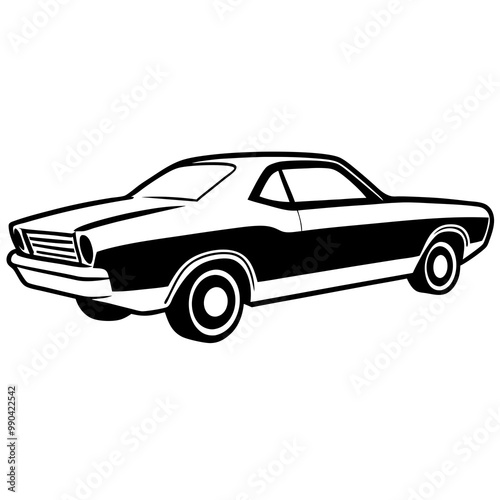 A drawing of a car with the word car on it , Black and white clipart cutout silhouette vehicles illustrations , Classic car. Silhouette of a vintage car. Side view. Raster. 
