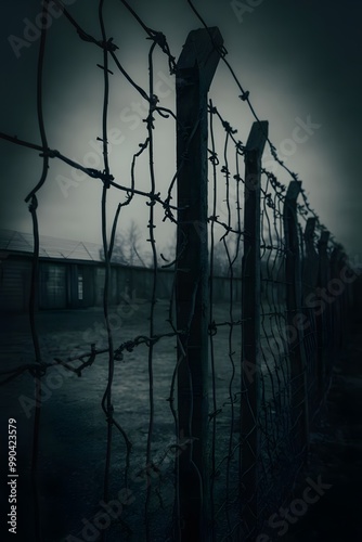 Close-up photo of a concentration camp fence