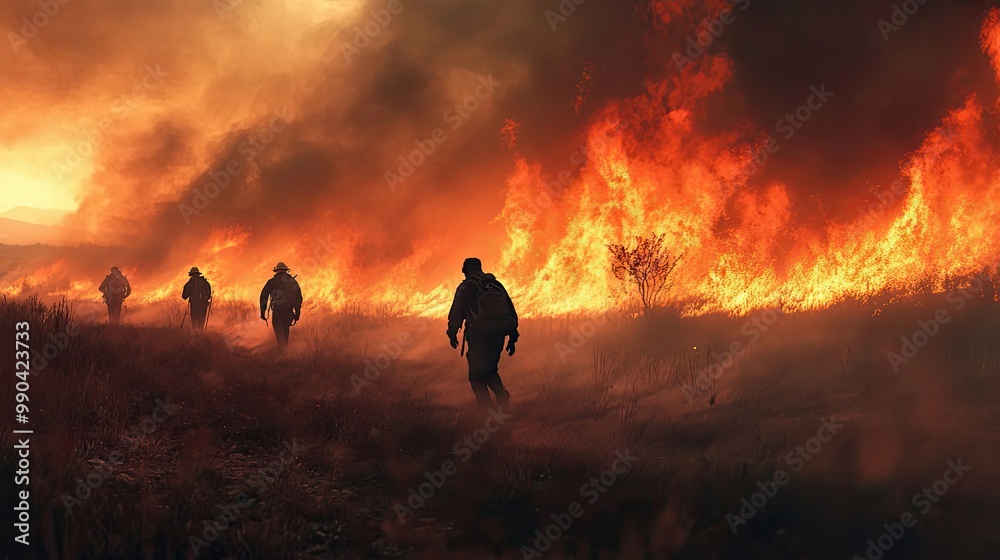 Fototapeta premium Silhouetted Firefighters Walking Through a Blazing Wildfire
