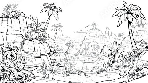 Oasis in the Middle of the Desert Coloring Book Page for Kids Lush Oasis Illustration Surrounded by Arid Desert Fun Nature Scene Drawing for Children Serene Landscape Art Page