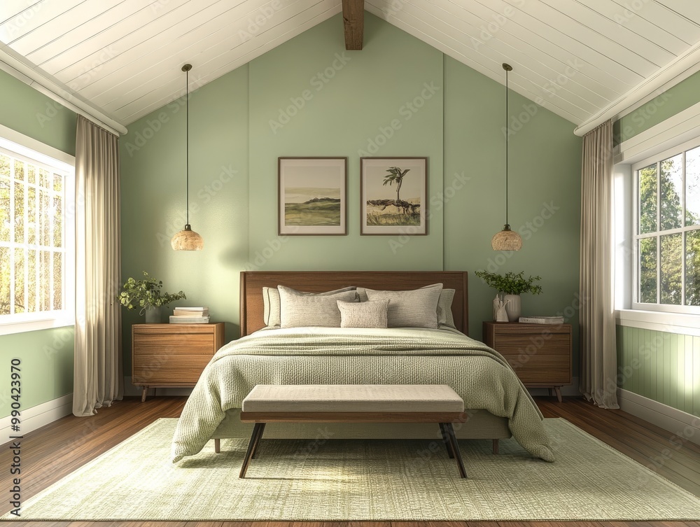 Fototapeta premium A 3D render of a mid-century modern bedroom with soft green walls, vaulted ceiling, vintage-inspired furniture, and a cozy, minimalist vibe