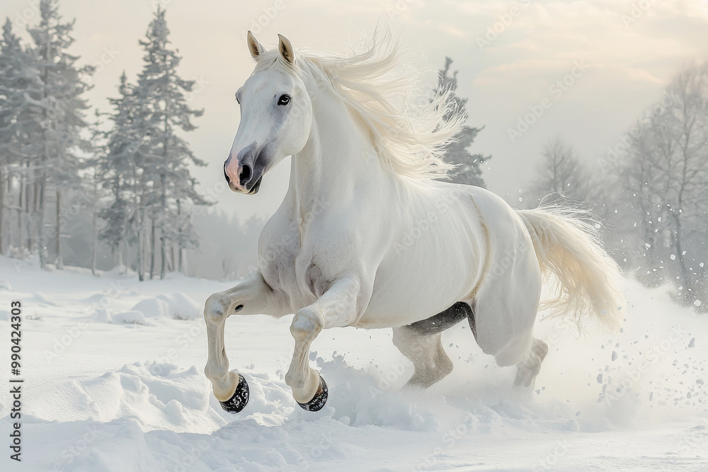 A majestic white horse gallops through a snowy landscape, showcasing its beauty and grace in a serene winter setting. A majestic white horse gallops through a snowy landscape, showcasing its beauty and grace in a serene winter setting.
