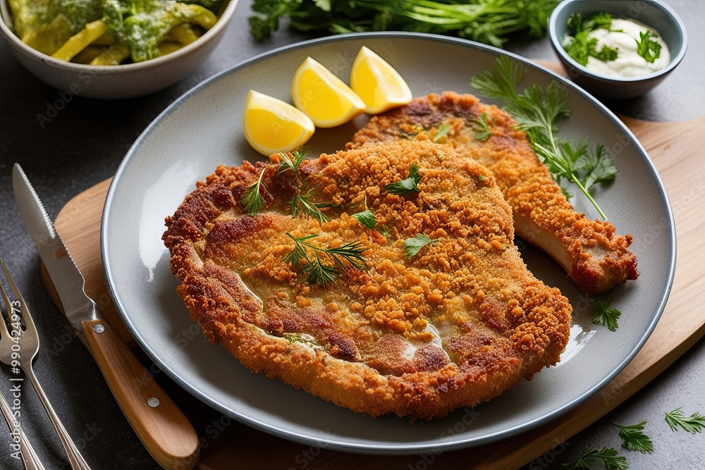 Delicious Austrian Schnitzel Wholesome Crunchy Coating and Beautifully Presented Meal Delicious Austrian Schnitzel Wholesome Crunchy Coating and Beautifully Presented Meal