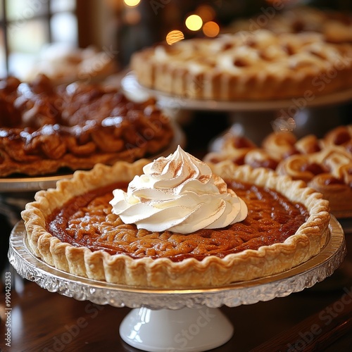 Delicious assortment of homemade pies on a table, featuring a pumpkin pie topped with whipped cream in the foreground. photo