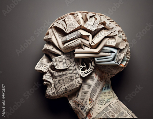 Human Brain in Newspaper Collage Style Symbolizing Learning, Imagination and Mental Capacity Suitable For Educational Concepts