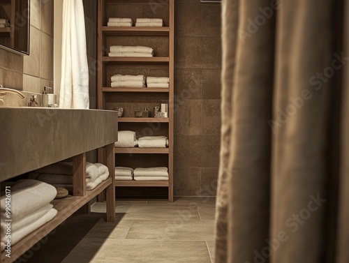 A bathroom with deep brown tiles, a beige vanity, and a light brown shower curtain