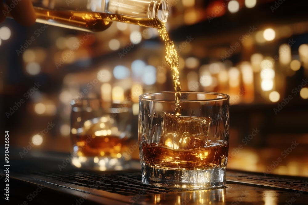 alcohol is poured into a glass with ice on the bar counter alcohol is poured into a glass with ice on the bar counter