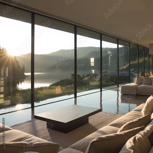 Glass-enclosed lounge with lake views