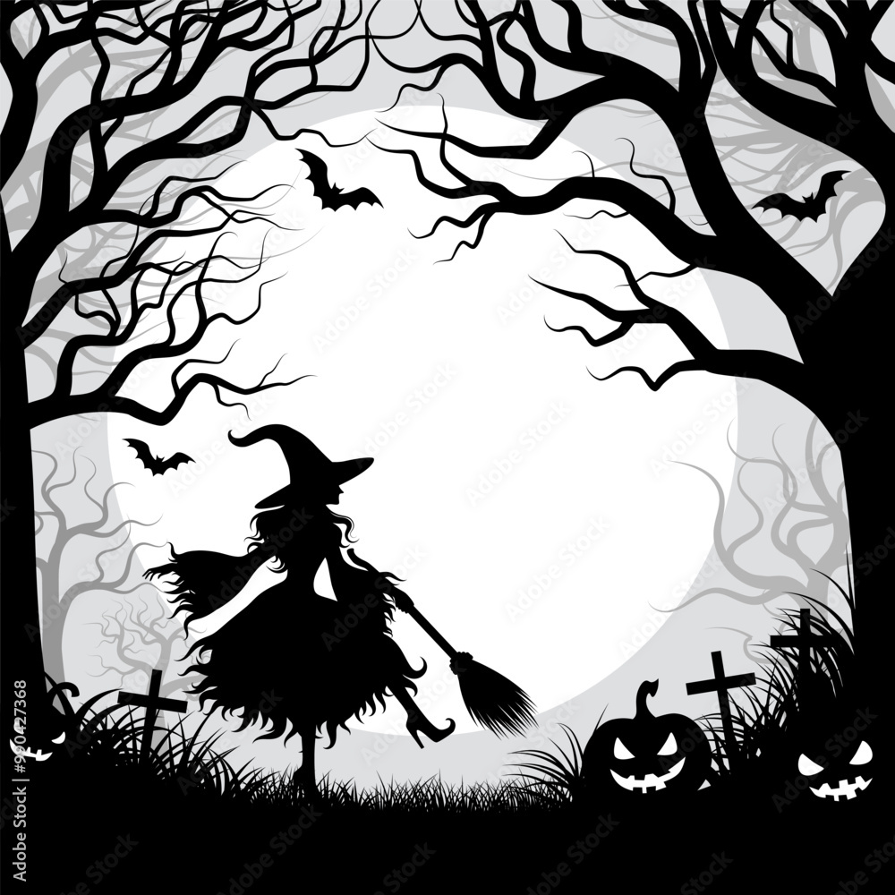 Fototapeta premium A Witch walking in the forest at full Moon night. Vector illustration for Halloween.