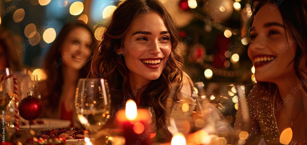 Joyful women enjoying a festive Christmas dinner with candles and decorations, creating a warm and cheerful holiday atmosphere. Joyful women enjoying a festive Christmas dinner with candles and decorations, creating a warm and cheerful holiday atmosphere.