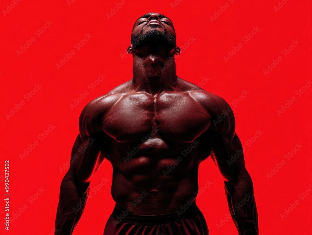 Fototapeta premium A powerful muscular figure stands confidently against a vibrant red background, exuding strength and determination.