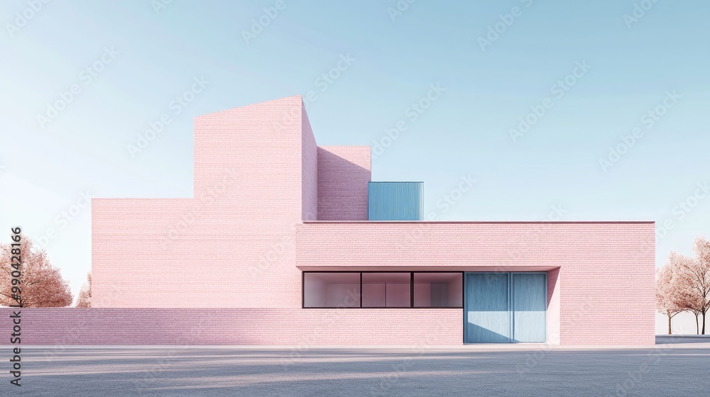 Clay-rendered building in soft pink with a gray brick and blue roof. The minimalist design features clean edges and a symmetrical layout, in a calming pastel palette. Clay-rendered building in soft pink with a gray brick and blue roof. The minimalist design features clean edges and a symmetrical layout, in a calming pastel palette.
