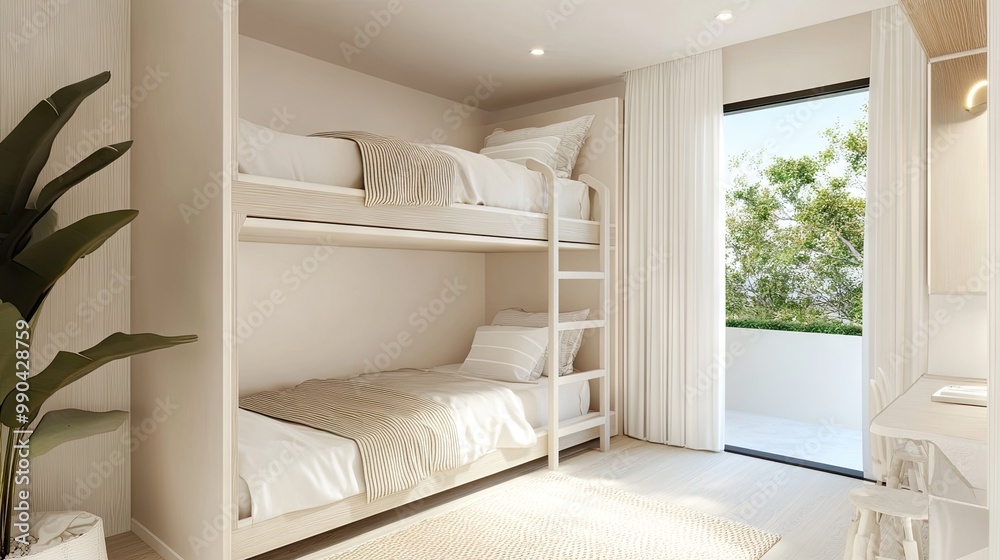 Fototapeta premium Clean and minimalist bedroom with bunk beds, emphasizing simplicity and functionality. Neutral tones and minimalist